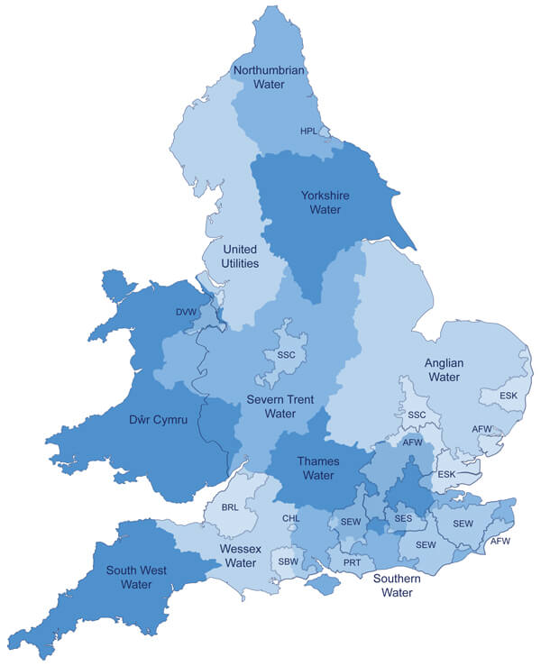 Map of water supply companies in England and Wales